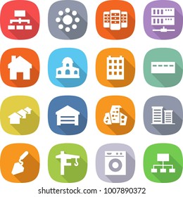 flat vector icon set - hierarchy vector, round around, server, home, mansion, building, bunker, houses, garage, modern architecture, district, construction, tower crane, washing machine