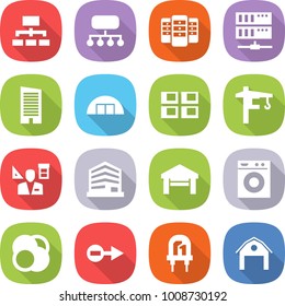 flat vector icon set - hierarchy vector, structure, server, skyscraper, hangare, panel house, tower crane, architector, office, garage, washing machine, atom core, electron, led, barn