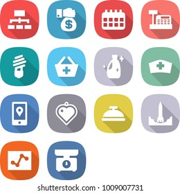 flat vector icon set - hierarchy vector, money gift, calendar, cashbox, bulb, add to basket, cleanser, medical hat, mobile location, heart pendant, service bell, rocket start, analytics