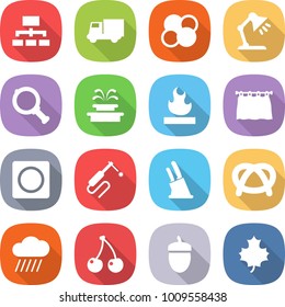flat vector icon set - hierarchy vector, truck, atom core, table lamp, magnifier, fountain, flammable, curtain, ring button, welding, knife holder, pretzel, rain cloud, cherry, acorn, maple leaf