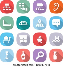 flat vector icon set - hierarchy vector, gift, structure, ear, ruler, greenhouse, map, sms, baggage trolley, nightstand, bbq, pool, laser, ketchup, viruses, sprayer