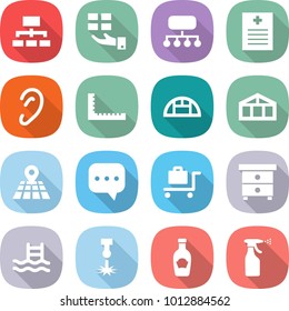 flat vector icon set - hierarchy vector, gift, structure, recipe, ear, ruler, greenhouse, map, sms, baggage trolley, nightstand, pool, laser, ketchup, sprayer