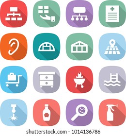 flat vector icon set - hierarchy vector, gift, structure, recipe, ear, greenhouse, map, baggage trolley, nightstand, bbq, pool, laser, ketchup, viruses, sprayer