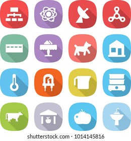 flat vector icon set - hierarchy vector, atom, satellite antenna, spinner, bunker, restaurant, dog, home, thermometer, led, measuring cup, double boiler, cow, warehouse, tomato, water tap sink