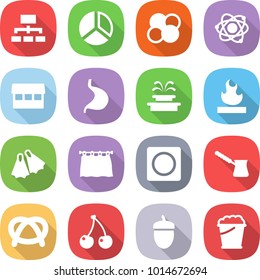 flat vector icon set - hierarchy vector, diagram, atom core, market, stomach, fountain, flammable, flippers, curtain, ring button, turk, pretzel, cherry, acorn, foam bucket