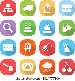 flat vector icon set - hierarchy vector, truck, table lamp, market, magnifier, fountain, flammable, flippers, welcome mat, led, welding, knife holder, turk, pretzel, rain cloud, cherry