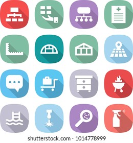 flat vector icon set - hierarchy vector, gift, structure, recipe, ruler, greenhouse, map, sms, baggage trolley, nightstand, bbq, pool, laser, viruses, sprayer