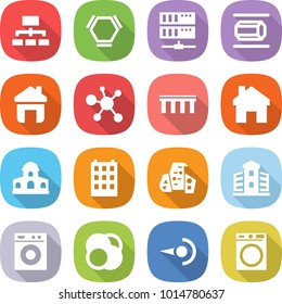 flat vector icon set - hierarchy vector, hex molecule, server, nano tube, home, virus, bridge, mansion, building, modern architecture, washing machine, atom core, photon