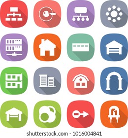 flat vector icon set - hierarchy vector, cell corection, structure, round around, server, home, bunker, garage, modular house, district, arch, atom core, electron, led