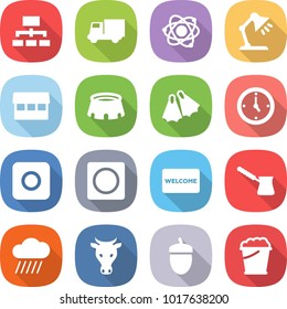 flat vector icon set - hierarchy vector, truck, atom, table lamp, market, stadium, flippers, watch, ring button, welcome mat, turk, rain cloud, cow, acorn, foam bucket