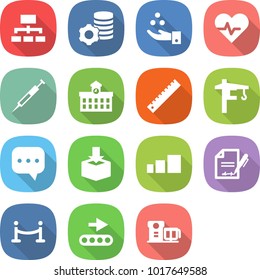 flat vector icon set - hierarchy vector, virtual mining, chemical industry, heart pulse, syringe, university, ruler, tower crane, sms, package, sorting, inventory, vip fence, conveyor