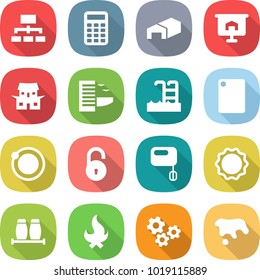 flat vector icon set - hierarchy vector, calculator, warehouse, presentation, japanese house, hotel, pool, cutting board, orbit, unlock, mixer, induction oven, salt pepper, fire, gears, spot