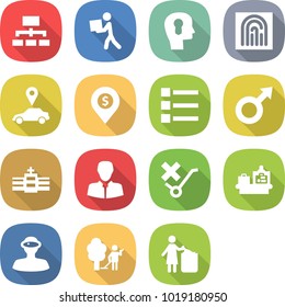 flat vector icon set - hierarchy vector, courier, bulb head, fingerprint, car pointer, dollar pin, list, male sign, hospital, client, do not trolley, baggage checking, vr helmet, garden cleaning