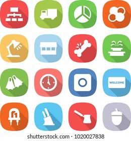 flat vector icon set - hierarchy vector, truck, diagram, atom core, table lamp, market, broken bone, fountain, flippers, watch, ring button, welcome mat, led, knife holder, turk, acorn