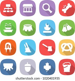 flat vector icon set - hierarchy vector, market, magnifier, broken bone, fountain, stadium, flammable, flippers, led, knife holder, turk, pretzel, udder, acorn, maple leaf, foam bucket