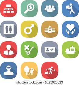 flat vector icon set - hierarchy vector, dollar magnifier, group, courier, wc, male sign, hospital, health care, client, do not trolley, check in, baggage checking, vr helmet, garden cleaning