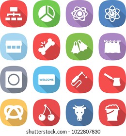 flat vector icon set - hierarchy vector, diagram, atom, market, broken bone, flippers, curtain, ring button, welcome mat, welding, turk, pretzel, cherry, cow, foam bucket