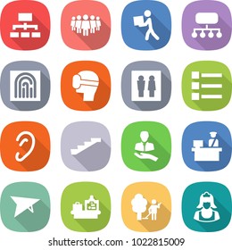 flat vector icon set - hierarchy vector, team, courier, structure, fingerprint, virtual mask, wc, list, ear, stairs, client, customs control, deltaplane, baggage checking, garden cleaning, cleaner