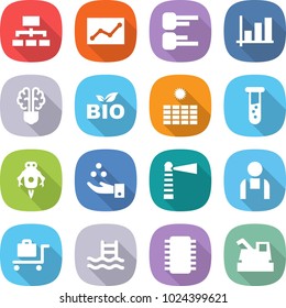 flat vector icon set - hierarchy vector, statistics, diagram, graph, bulb brain, bio, sun power, vial, jet robot, chemical industry, lighthouse, workman, baggage trolley, pool, chip, harvester