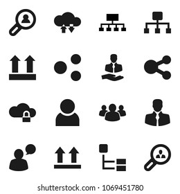 Flat vector icon set - hierarchy vector, client, top sign, speaking man, group, cloud lock, exchange, share, user, search