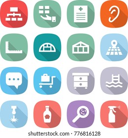 flat vector icon set - hierarchy vector, gift, recipe, ear, ruler, greenhouse, map, sms, baggage trolley, nightstand, pool, laser, ketchup, viruses, sprayer