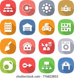 flat vector icon set - hierarchy vector, cell corection, round around, hospital, building, garage, modern architecture, modular house, construction, architector, washing machine, atom core, electron