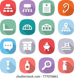 flat vector icon set - hierarchy vector, structure, recipe, ear, ruler, greenhouse, map, sms, nightstand, bbq, pool, laser, ketchup, viruses, sprayer