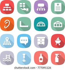 flat vector icon set - hierarchy vector, gift, structure, recipe, ear, ruler, greenhouse, map, sms, nightstand, bbq, pool, laser, ketchup, sprayer