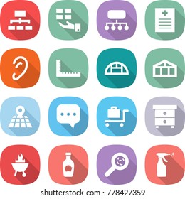 flat vector icon set - hierarchy vector, gift, structure, recipe, ear, ruler, greenhouse, map, sms, baggage trolley, nightstand, bbq, ketchup, viruses, sprayer