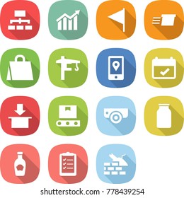 flat vector icon set - hierarchy vector, diagram, flag, delivery, shopping bag, tower crane, mobile location, terms, package, transporter tape, surveillance camera, bank, ketchup, clipboard list