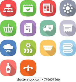 flat vector icon set - hierarchy vector, calendar, newspaper, round around, basket, account balance, delivery, atm receipt, cloud service, conveyor, colander, towel, ketchup
