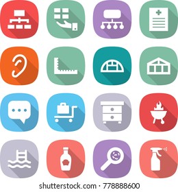 flat vector icon set - hierarchy vector, gift, structure, recipe, ear, ruler, greenhouse, sms, baggage trolley, nightstand, bbq, pool, ketchup, viruses, sprayer