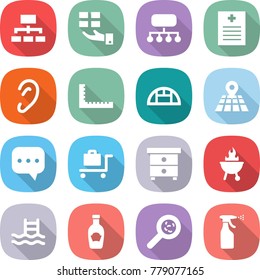 flat vector icon set - hierarchy vector, gift, structure, recipe, ear, ruler, greenhouse, map, sms, baggage trolley, nightstand, bbq, pool, ketchup, viruses, sprayer