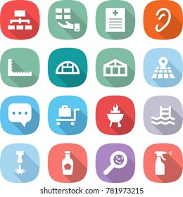 flat vector icon set - hierarchy vector, gift, recipe, ear, ruler, greenhouse, map, sms, baggage trolley, bbq, pool, laser, ketchup, viruses, sprayer