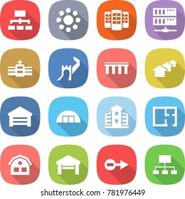 flat vector icon set - hierarchy vector, round around, server, hospital, greate wall, bridge, houses, garage, hangare, building, plan, house, electron