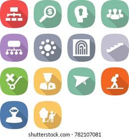 flat vector icon set - hierarchy vector, dollar magnifier, bulb head, group, structure, round around, fingerprint, stairs, do not trolley sign, security man, deltaplane, tourist, vr helmet
