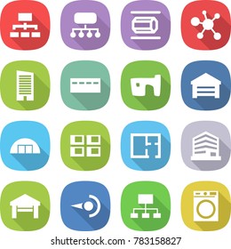 flat vector icon set - hierarchy vector, structure, nano tube, virus, skyscraper, bunker, slum, garage, hangare, panel house, plan, office, photon, washing machine