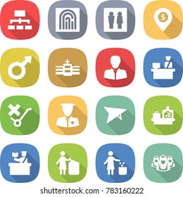 flat vector icon set - hierarchy vector, fingerprint, wc, dollar pin, male sign, hospital, client, customs control, do not trolley, security man, deltaplane, baggage checking, inspector, garbage bin