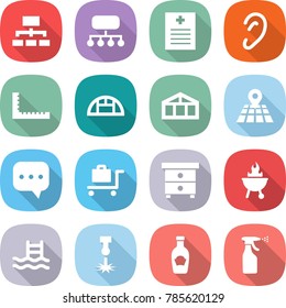 flat vector icon set - hierarchy vector, structure, recipe, ear, ruler, greenhouse, map, sms, baggage trolley, nightstand, bbq, pool, laser, ketchup, sprayer