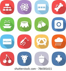 flat vector icon set - hierarchy vector, atom, market, broken bone, fountain, stadium, flippers, ring button, welcome mat, welding, pretzel, rain cloud, cherry, cow, acorn, maple leaf