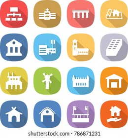 flat vector icon set - hierarchy vector, hospital, bridge, project, library, mall, church, brick, factory, windmill, gothic architecture, warehouse, bungalow, barn, skysrcapers cleaning, housing