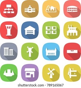 flat vector icon set - hierarchy vector, hospital, project, airport building, tower, garage, panel house, factory, district, windmill, gothic architecture, level, helmet, shop, skyscrapers cleaning