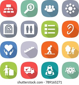 flat vector icon set - hierarchy vector, dollar magnifier, group, round around, fingerprint, wc, list, ear, health care, stairs, tourist, garden cleaning, garbage bin, home call, cleaner, outsource