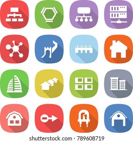 flat vector icon set - hierarchy vector, hex molecule, structure, server, virus, greate wall, bridge, home, skyscraper, houses, panel house, district, electron, led, barn
