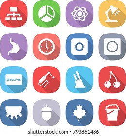 flat vector icon set - hierarchy vector, diagram, atom, table lamp, stomach, watch, ring button, welcome mat, welding, knife holder, cherry, udder, acorn, maple leaf, foam bucket