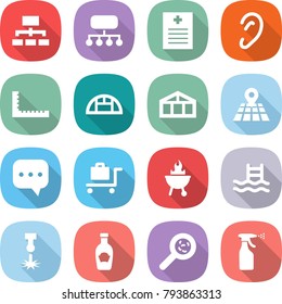 flat vector icon set - hierarchy vector, structure, recipe, ear, ruler, greenhouse, map, sms, baggage trolley, bbq, pool, laser, ketchup, viruses, sprayer