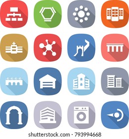 flat vector icon set - hierarchy vector, hex molecule, round around, server, hospital, virus, greate wall, bridge, garage, building, district, arch, office, washing machine, photon