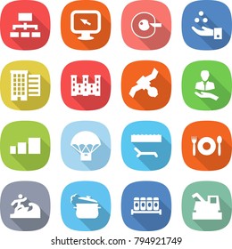 flat vector icon set - hierarchy vector, monitor arrow, cell corection, chemical industry, houses, palace, satellite, client, sorting, parachute delivery, lounger, cafe, surfer, steam pan, spices