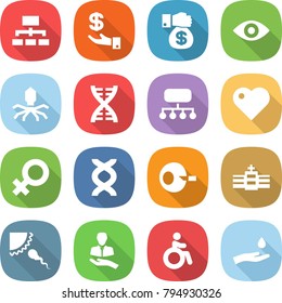 flat vector icon set - hierarchy vector, investment, money gift, eye, virus, dna, structure, heart, female sign, artificial insemination, hospital, sperm, client, invalid, hand and drop