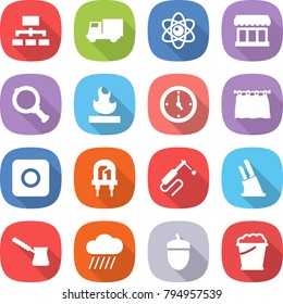 flat vector icon set - hierarchy vector, truck, atom, market, magnifier, flammable, watch, curtain, ring button, led, welding, knife holder, turk, rain cloud, acorn, foam bucket